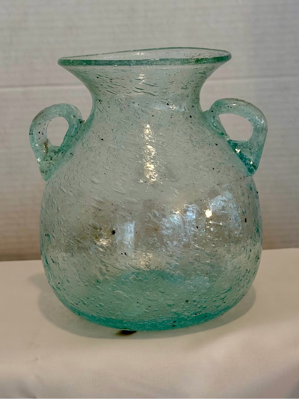 Egyptian Vintage Teal Seeded Art Glass Vase with applied handles